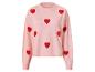 Růžový pletený svetr s červenými vzory srdcí