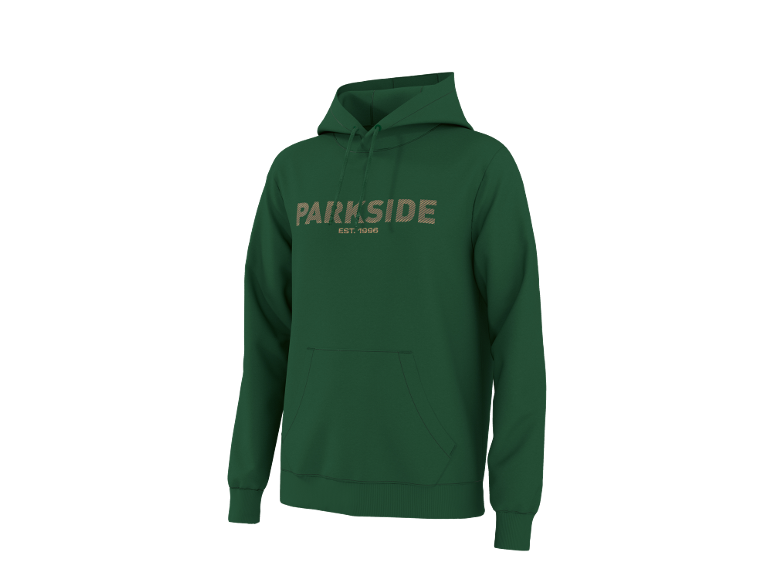 Tmavě zelená mikina s kapucí s nápisem 'PARKSIDE EST. 1996' na hrudi.