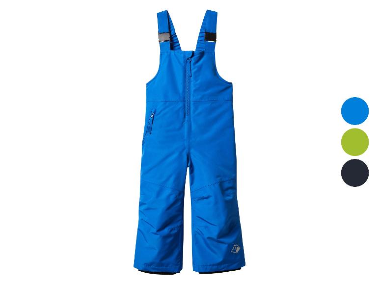 Modré dětské sněhové kalhoty s nastavitelnými popruhy a malým logem.