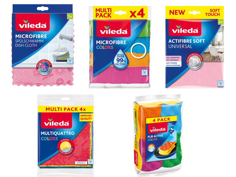 Čistící produkty Vileda: mikrovláknové utěrky, houby a měkký univerzální hadřík.