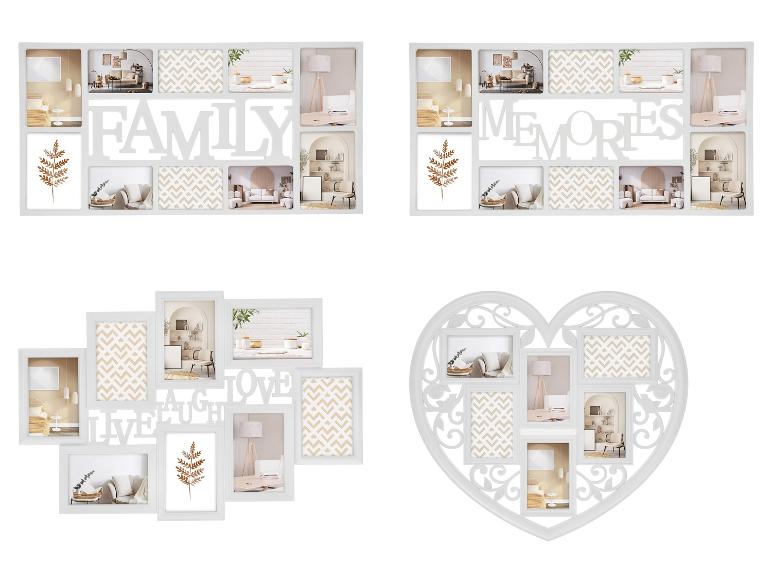 Čtyři bílé fotorámečky s nápisy 'FAMILY', 'MEMORIES', 'LIVE LAUGH LOVE' a ve tvaru srdce.