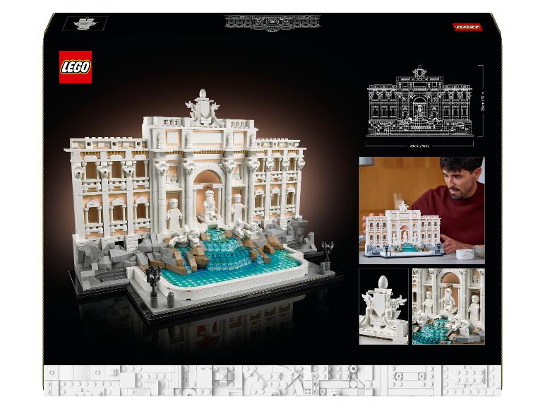 Sada LEGO Architecture Fontána di Trevi na krabici, s rozměry a detaily.