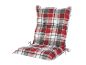 Červeno-šedý kostkovaný sedák na židli.
