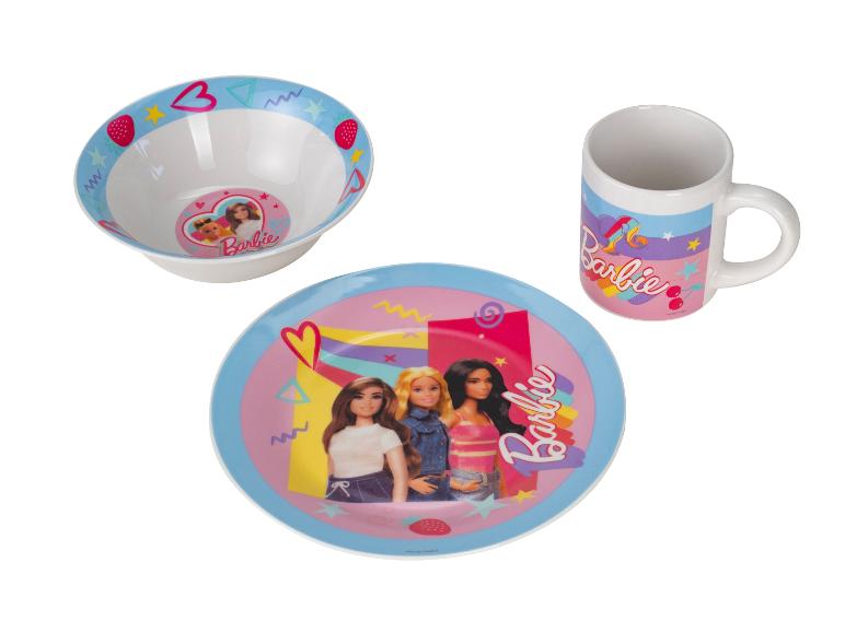 Barbie jídelní set s talířem, miskou a hrnkem, s postavičkami a barevnými vzory.