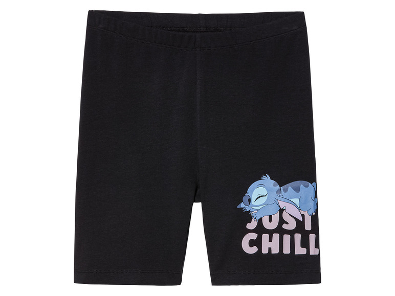 Černé šortky s potiskem Stitch a nápisem 'Just Chill'.