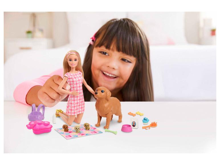 Panenka Barbie a hračky pro psy s dívkou hrající si v pozadí.