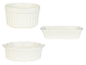Tři bílé keramické zapékací mísy: kulatá, obdélníková a oválná