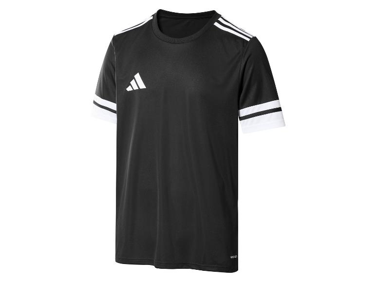 Černé sportovní tričko Adidas s bílými pruhy na ramenou a rukávech.