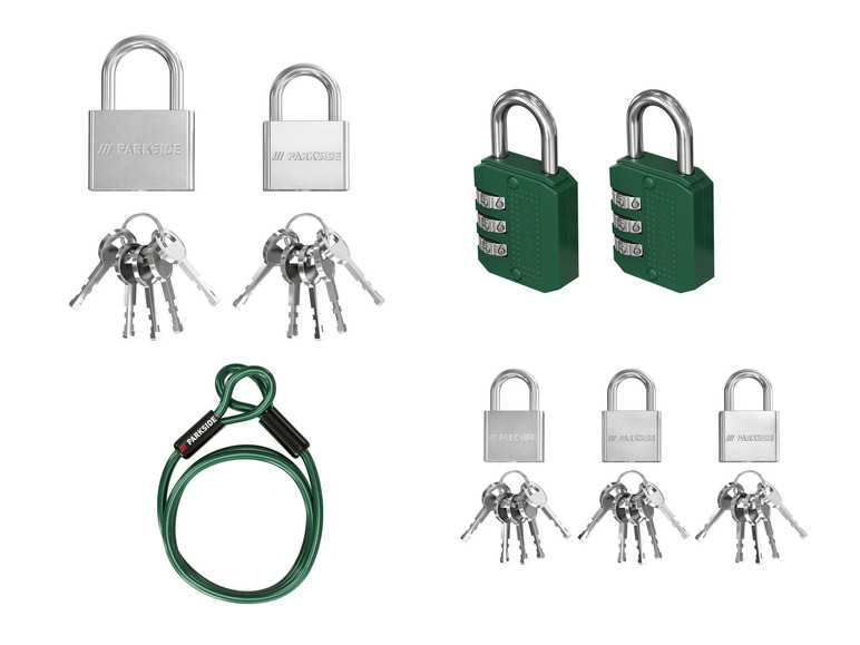 Sada zámků Parkside, včetně kombinačního a visacího zámku.