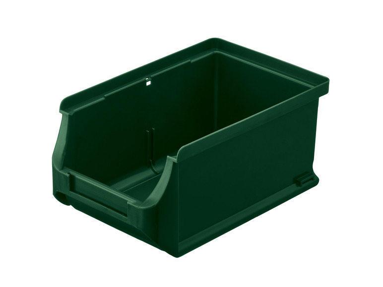 Zelená plastová úložná schránka.