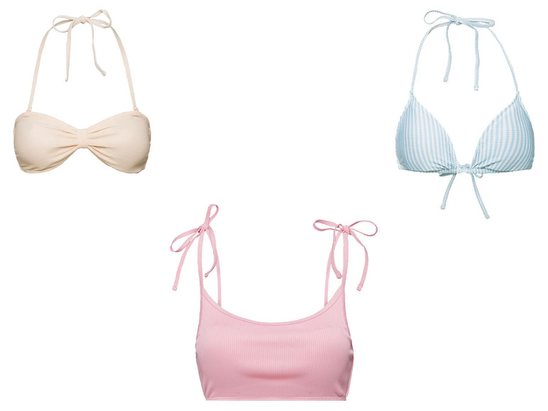 Tři různé bikinové topy: bandeau, halter a sportovní.