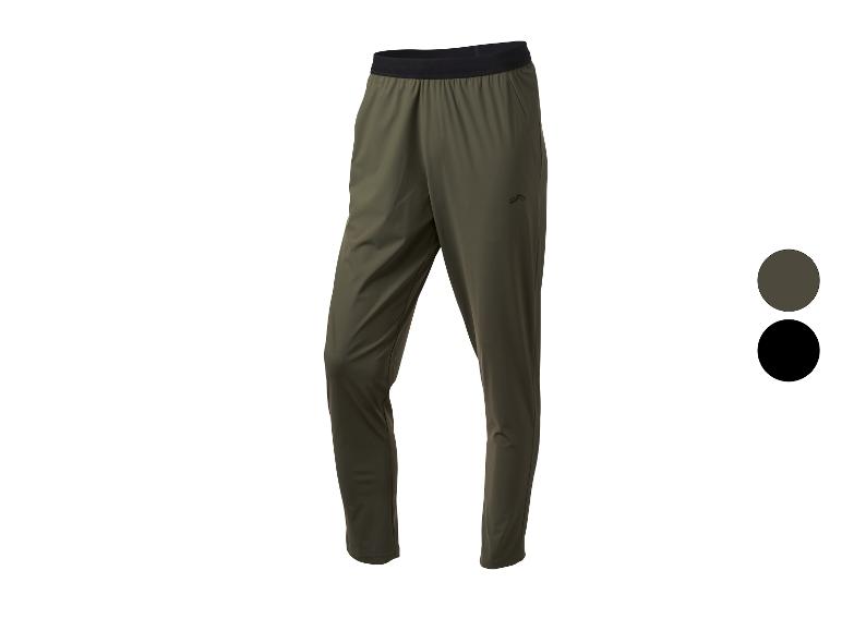 Khaki sportovní kalhoty s černým elastickým pasem a logem, s hnědými a černými barevnými možnostmi.