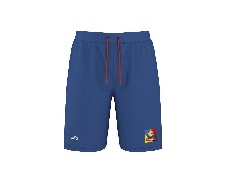 Tmavě modré sportovní šortky s oranžovou stahovací šňůrkou a barevným logem na nohavici.