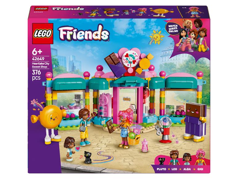 Sada LEGO Friends Heartlake City Sweet Shop s 376 dílky, zobrazující obchod se sladkostmi a minifigurky.