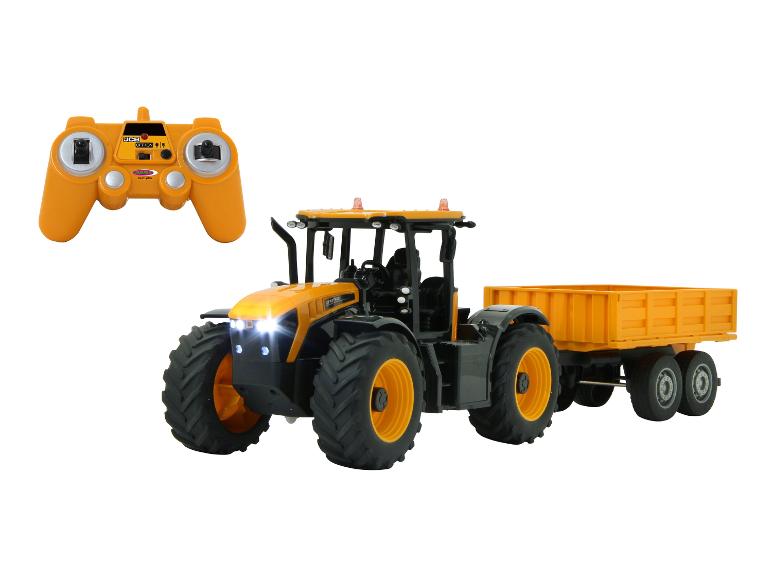 Traktor JCB s dálkovým ovládáním a přívěsem, dětská hračka.