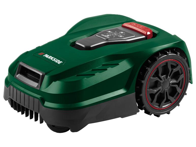 Zelená robotická sekačka Parkside s černými koly a červeným tlačítkem STOP.