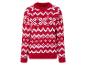 Červený svetr s bílým vzorem sněhových vloček.