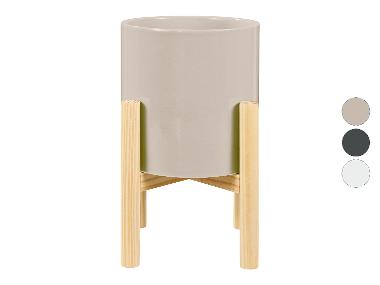 LIVARNO home Květináč z glazované keramiky s dřevěným podstavcem