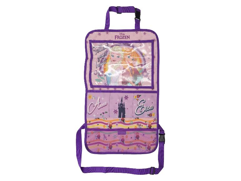 Organizér na autosedačku Disney Frozen s Elsou a Annou, kapsami a přihrádkou na tablet.