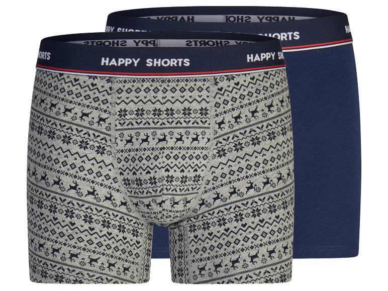 Dvoje boxerky Happy Shorts, jedny šedé se vzorem sobů a druhé jednobarevné tmavě modré.