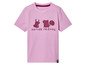 Růžové tričko s obrázkem veverky a králíka s nápisem 'Nature Friends'.