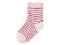 Růžová ponožka s červenými pruhy.