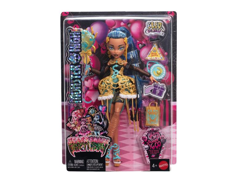 Panenka Monster High Cleo De Nile v obalu s doplňky a narozeninovou tematikou.