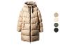 Dlouhý béžový prošívaný kabát s kapucí a zipem, s barevnými možnostmi.