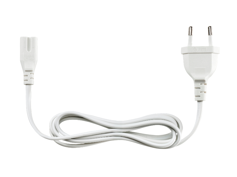 Bílý napájecí kabel s evropskou zástrčkou.