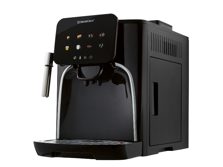 Černý automatický kávovar s dotykovou obrazovkou a ikonami pro výběr nápojů.