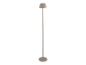 Moderní taupe stojací lampa s kulatou základnou a zvonovitým stínidlem.