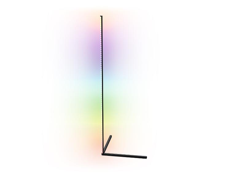 Stojící RGB lampa s L-tvarovým designem.