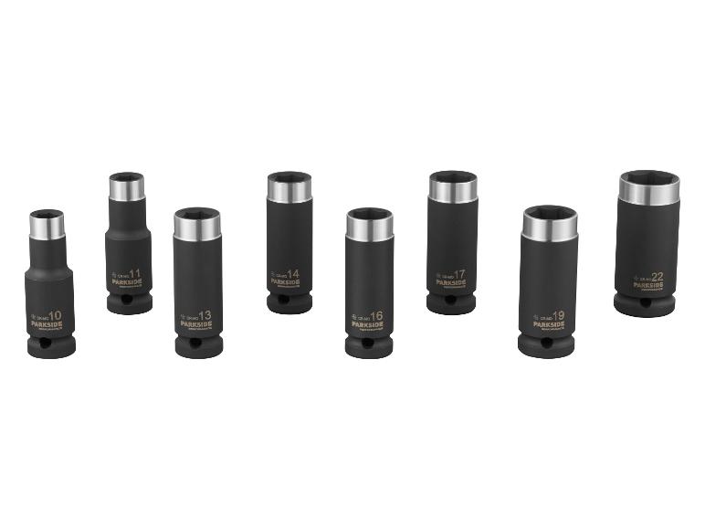 Sada osmi černých rázových hlavic, od 10 mm do 22 mm, se stříbrnými vršky.