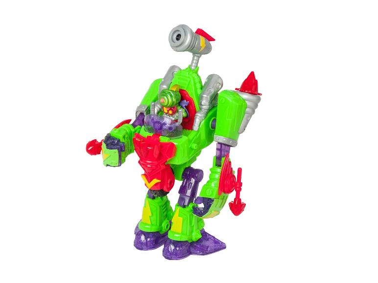 Zelená a červená robotická hračka s malou figurkou uvnitř, na bílém pozadí.