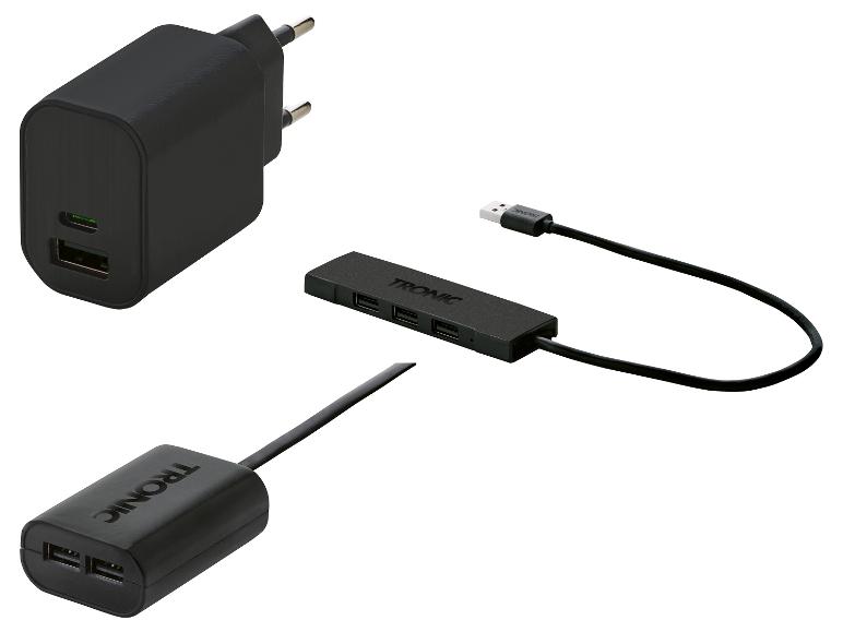 Černá USB nabíječka, USB rozbočovač se čtyřmi porty a prodlužovací kabel od TRONIC.