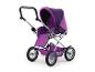 Fialový kočárek pro panenky se stříbrným rámem a černými koly.