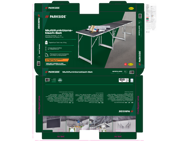 Sada multifunkčních stolů, výškově nastavitelná, skládací, s rukojetí pro přenášení.