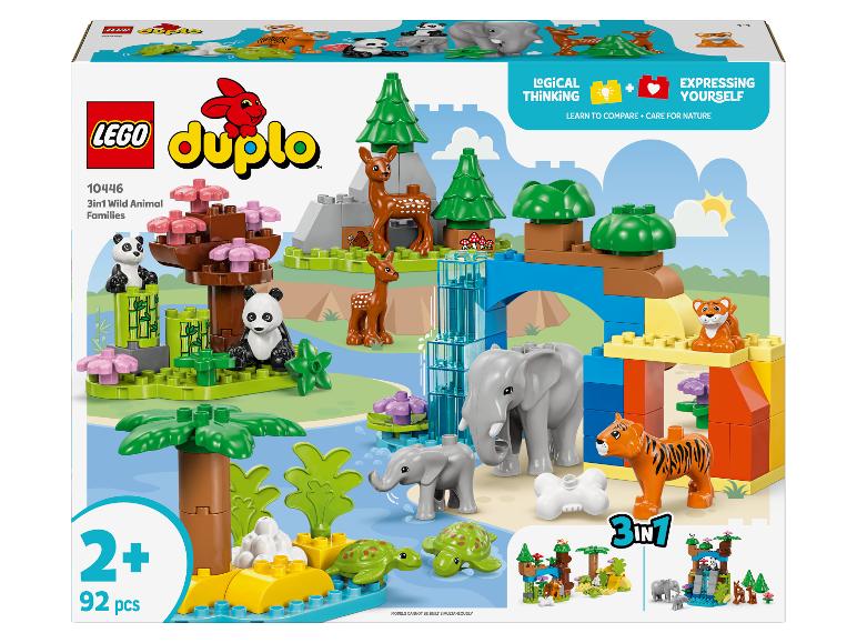 Krabice LEGO Duplo 10446 3v1 Rodiny divokých zvířat, s figurkami zvířat a postavenými krajinami.
