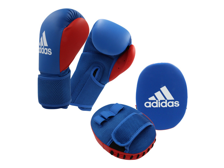 Adidas boxerské rukavice a pady v modré a červené barvě.