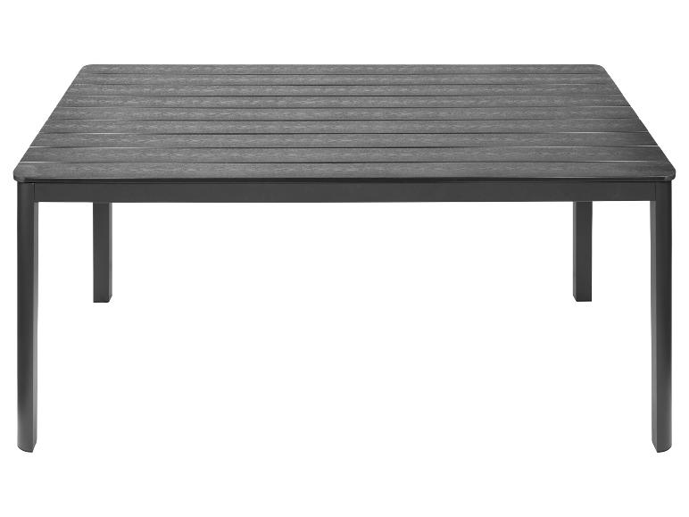 Obdélníkový šedý zahradní stůl s deskou imitující dřevo.