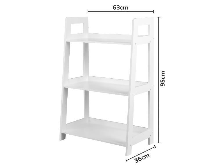 Bílý 3patrový regál o rozměrech 63cm (šířka) x 95cm (výška) x 36cm (hloubka).