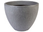 Kulatý, šedý květináč s drsnou texturou.