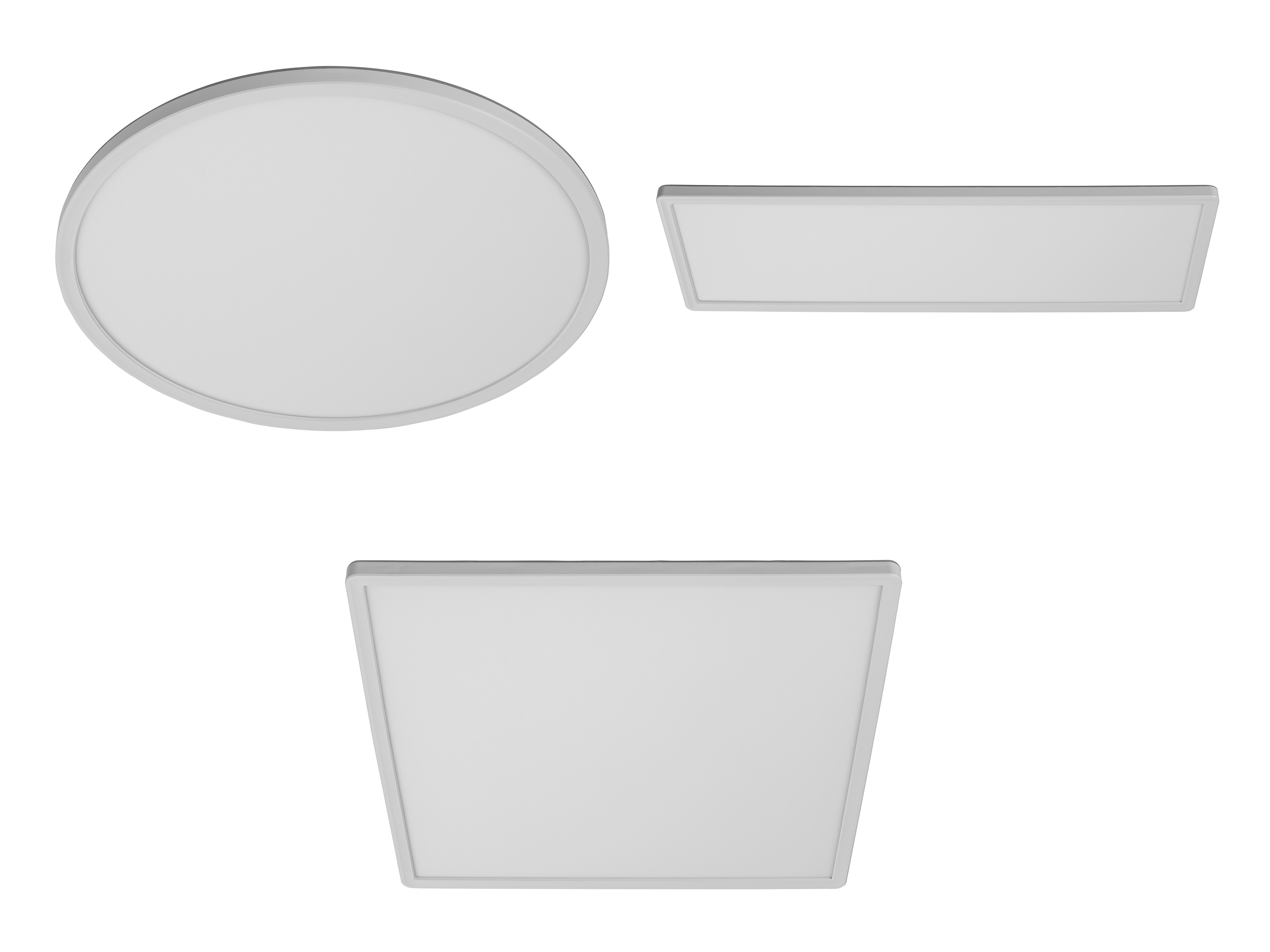 Bílé kulaté, obdélníkové a čtvercové LED světelné panely.