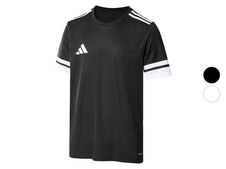 Černý fotbalový dres Adidas s bílými pruhy na ramenou a rukávech a bílým logem.