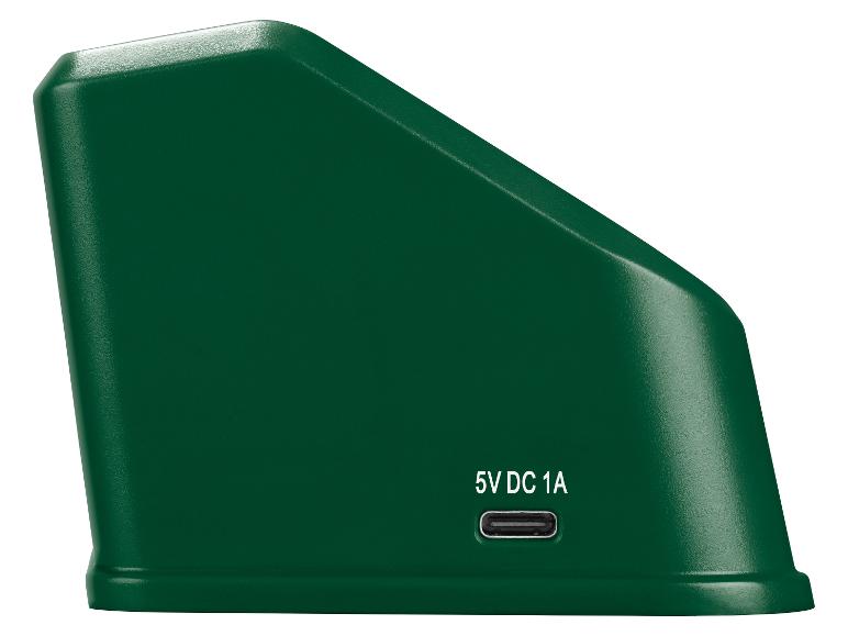 Zelené zařízení s portem USB-C a textem „5V DC 1A“ na boku.