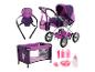 Fialový kočárek pro panenky, nosítko, ohrádka a doplňky s motivem víly.