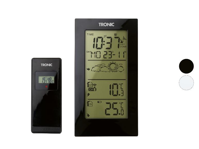 Digitální meteostanice s LCD displejem a venkovním senzorem, zobrazující teplotu a vlhkost.
