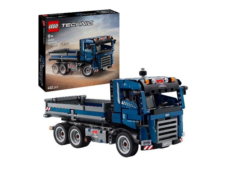 Sada LEGO Technic Tipping Dump Truck 42203 se 462 dílky a sestaveným modelem.