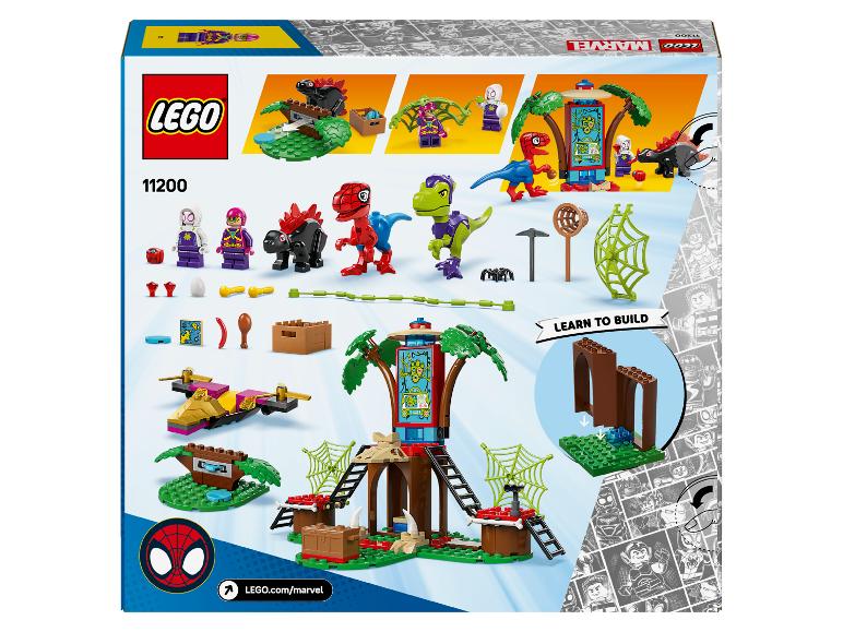 Sada LEGO Marvel 11200 s Spider-Manem, Ghost-Spider a dinosaury v džungli.