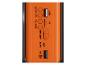 Oranžový přenosný reproduktor s USB, slotem na TF kartu, ovládáním hlasitosti a vypínačem.